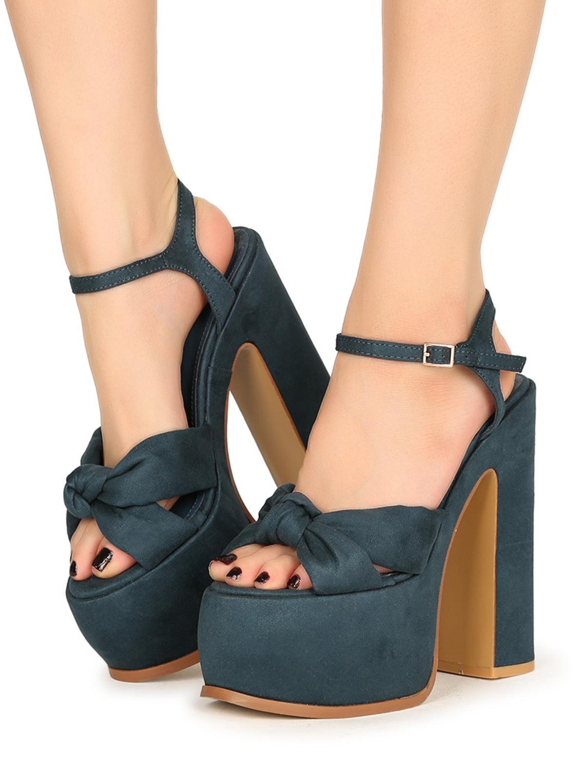 Suede dark green colored women's platform heels 