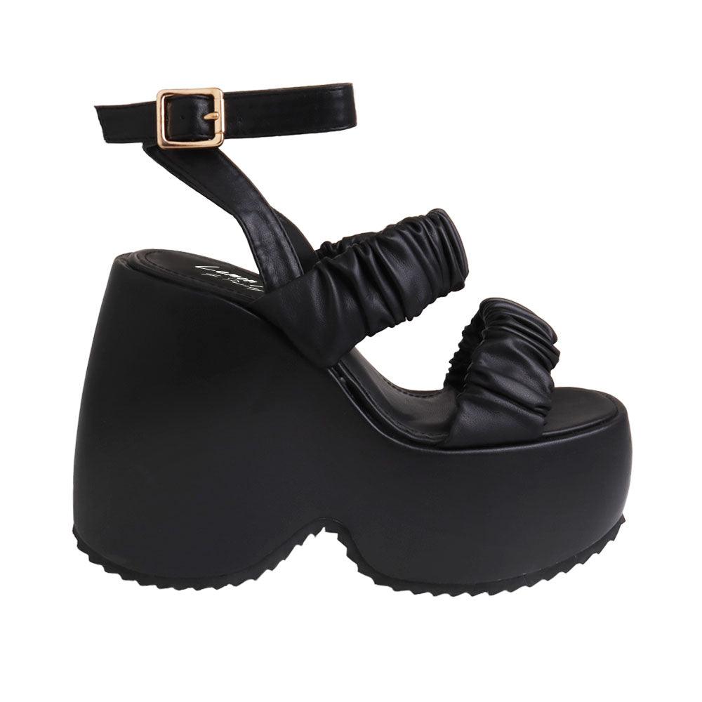 Black women's platform with stretchy upper-side view 