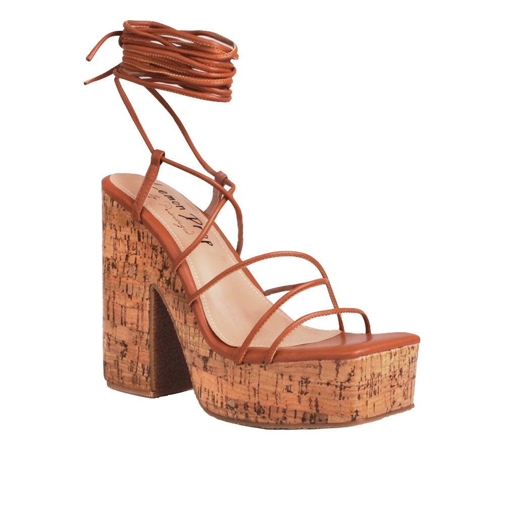 Brown strappy women heels with brown platform-corner view