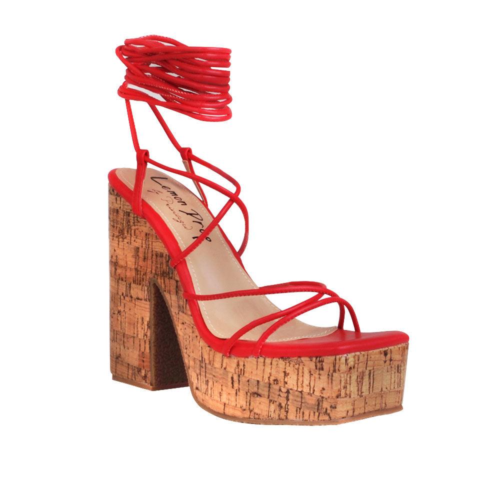 Red strappy women heels with brown platform-corner view