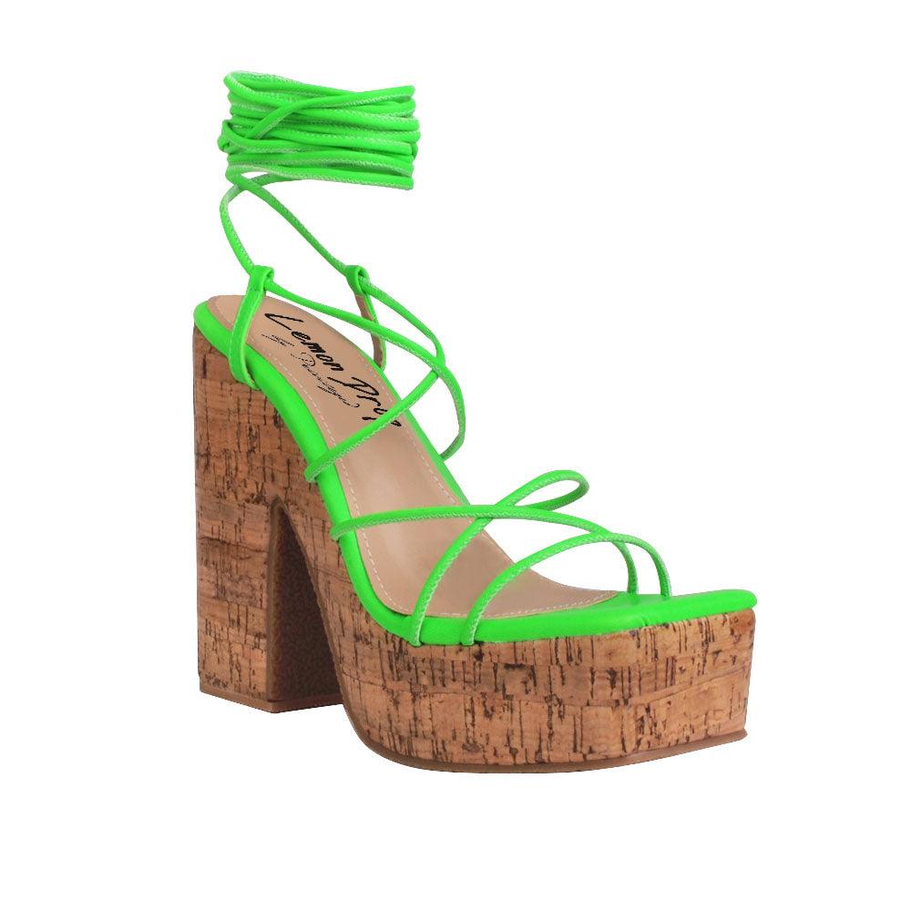 Green strappy women heels with brown platform-corner view