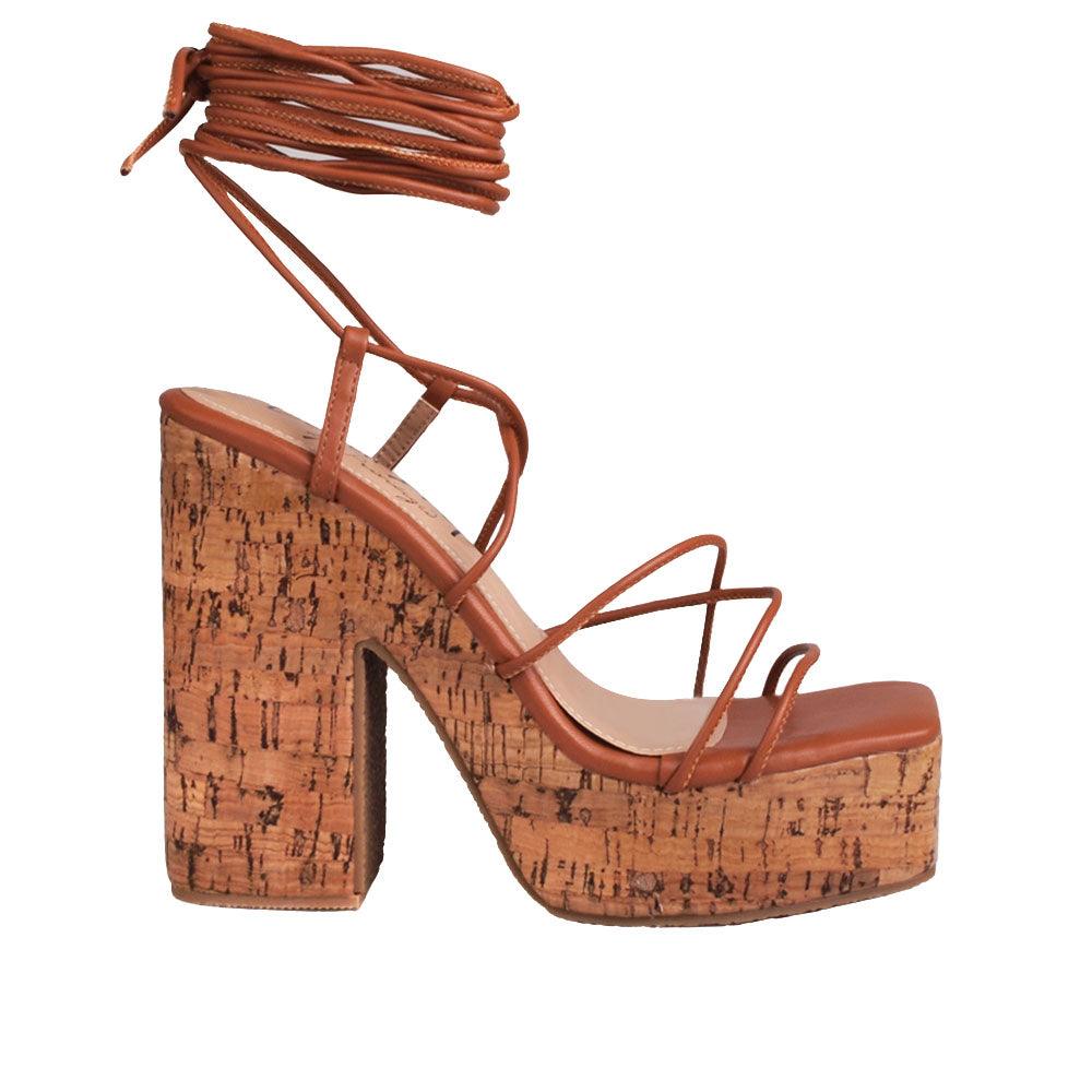 Brown strappy women heels with brown platform-side view