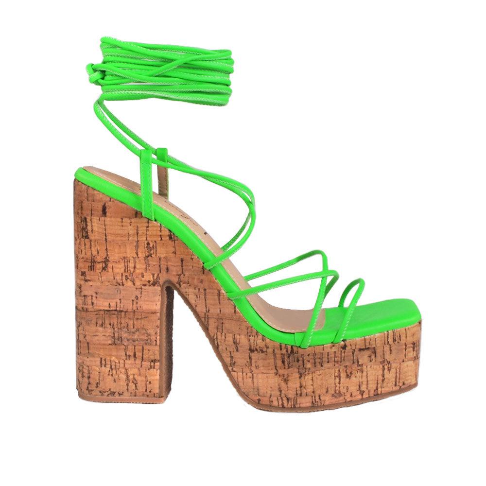 Green strappy women heels with brown platform-side view