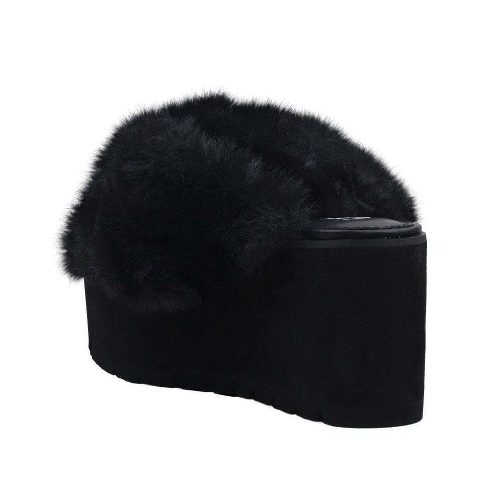 Black women platforms with faux fur black upper-posterior view