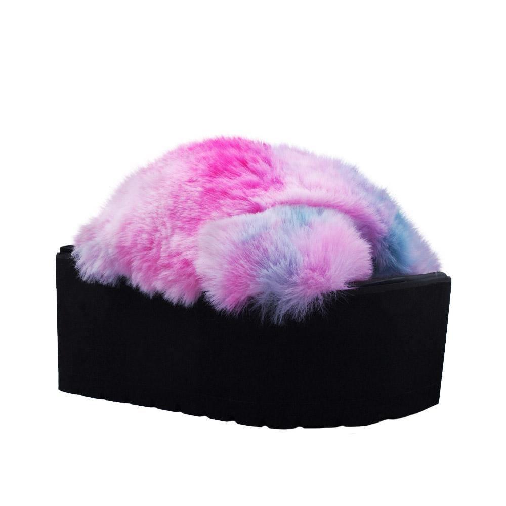 Black women platforms with faux fur pink upper-corner view