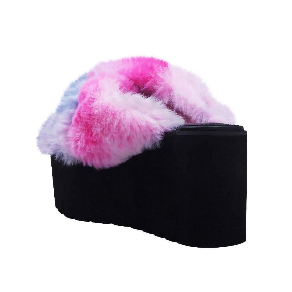 Black women platforms with faux fur pink upper-posterior view