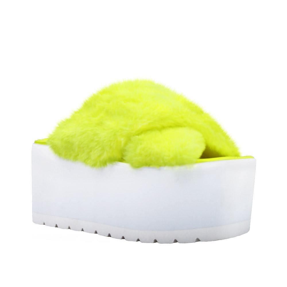 White women platforms with faux fur green upper-corner view