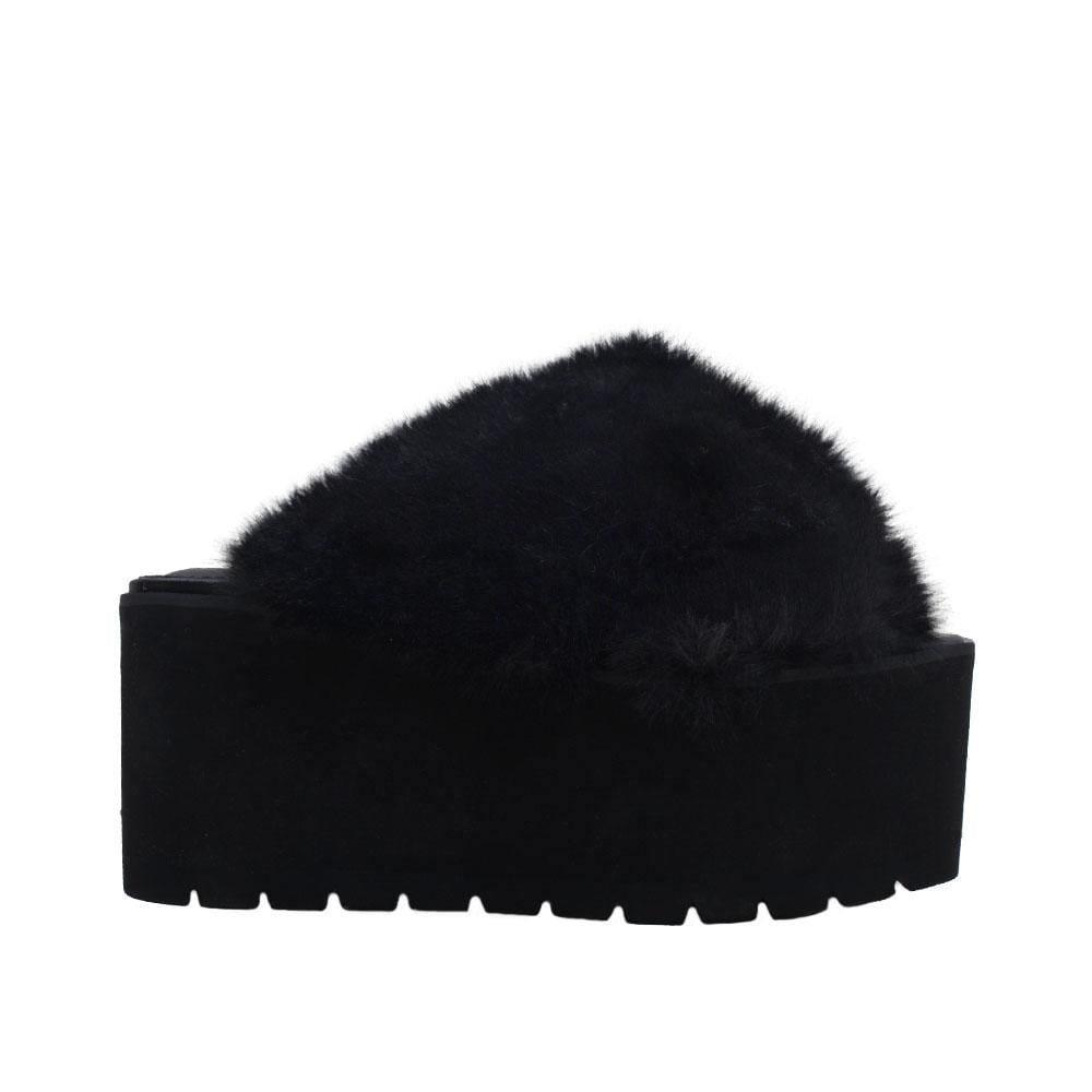 Black women platforms with faux fur black upper-side view