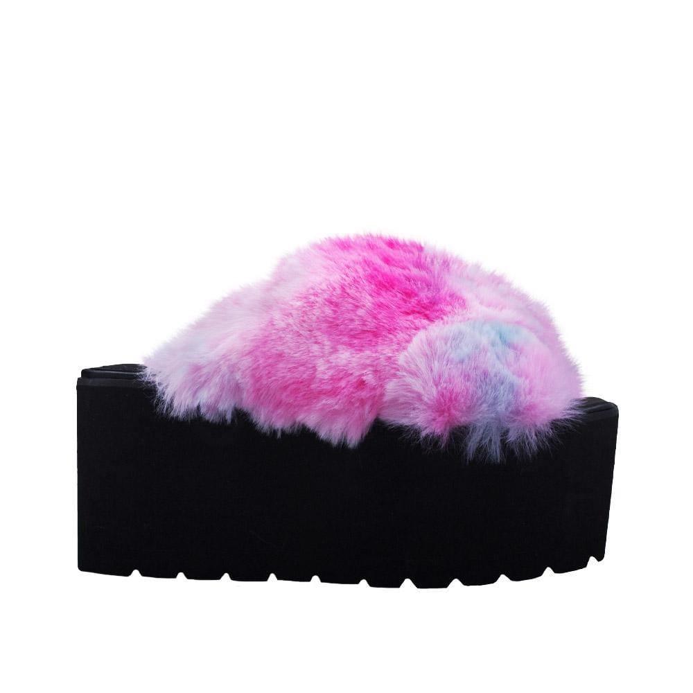 Black women platforms with faux fur pink upper-side view