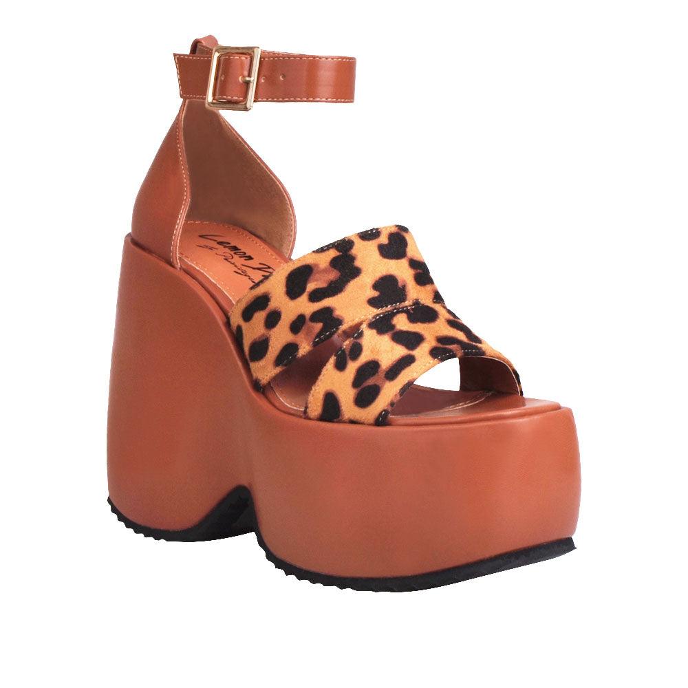 Brown colored women platforms with leopard printed upper-corner view