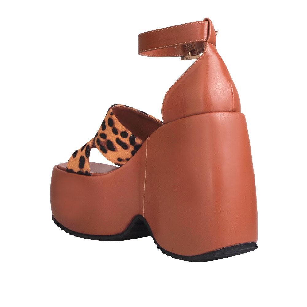 Brown colored women platforms with leopard printed upper-posterior view