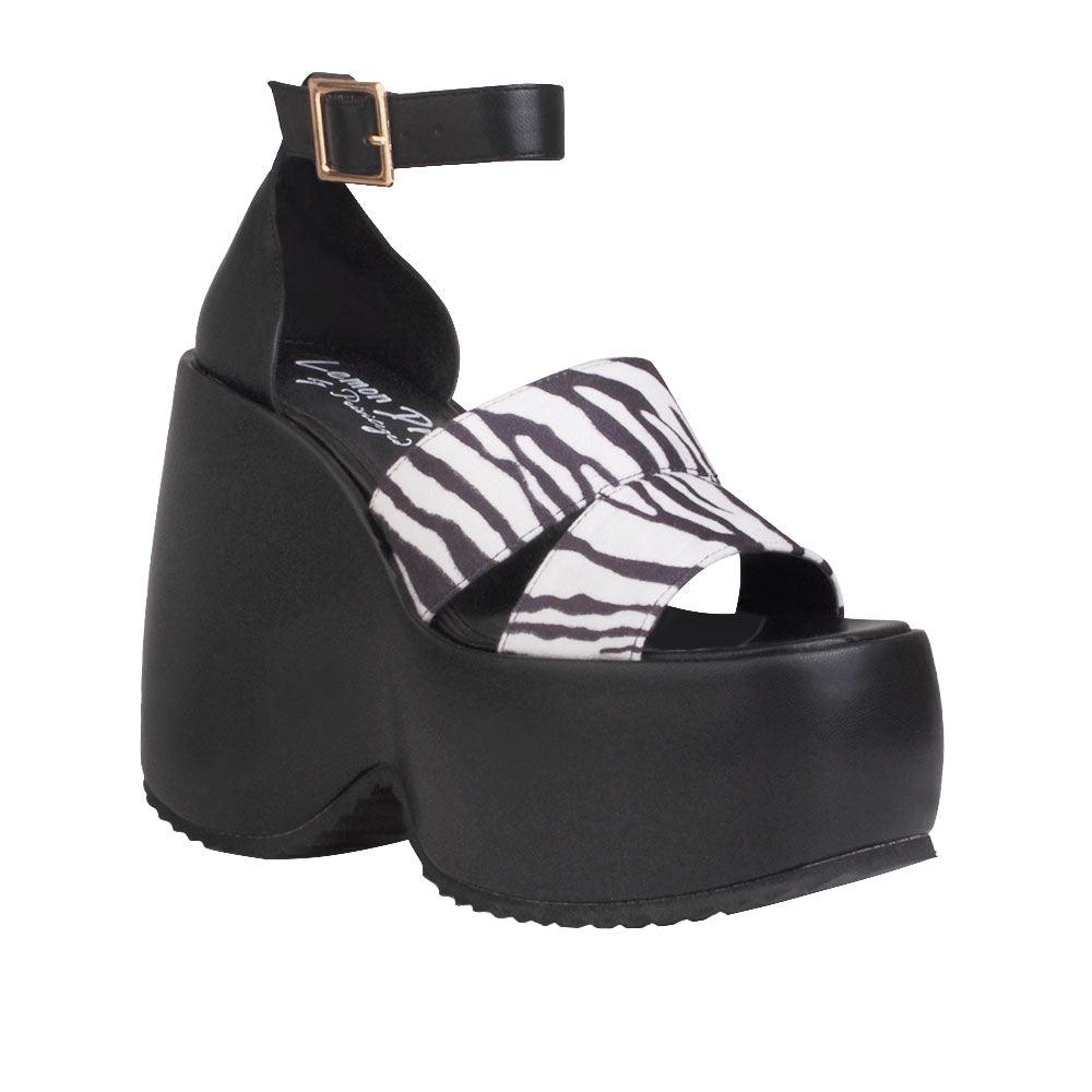 Black colored women platforms with zebra printed upper-corner view