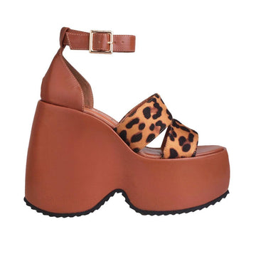Brown colored women platforms with leopard printed upper-side view