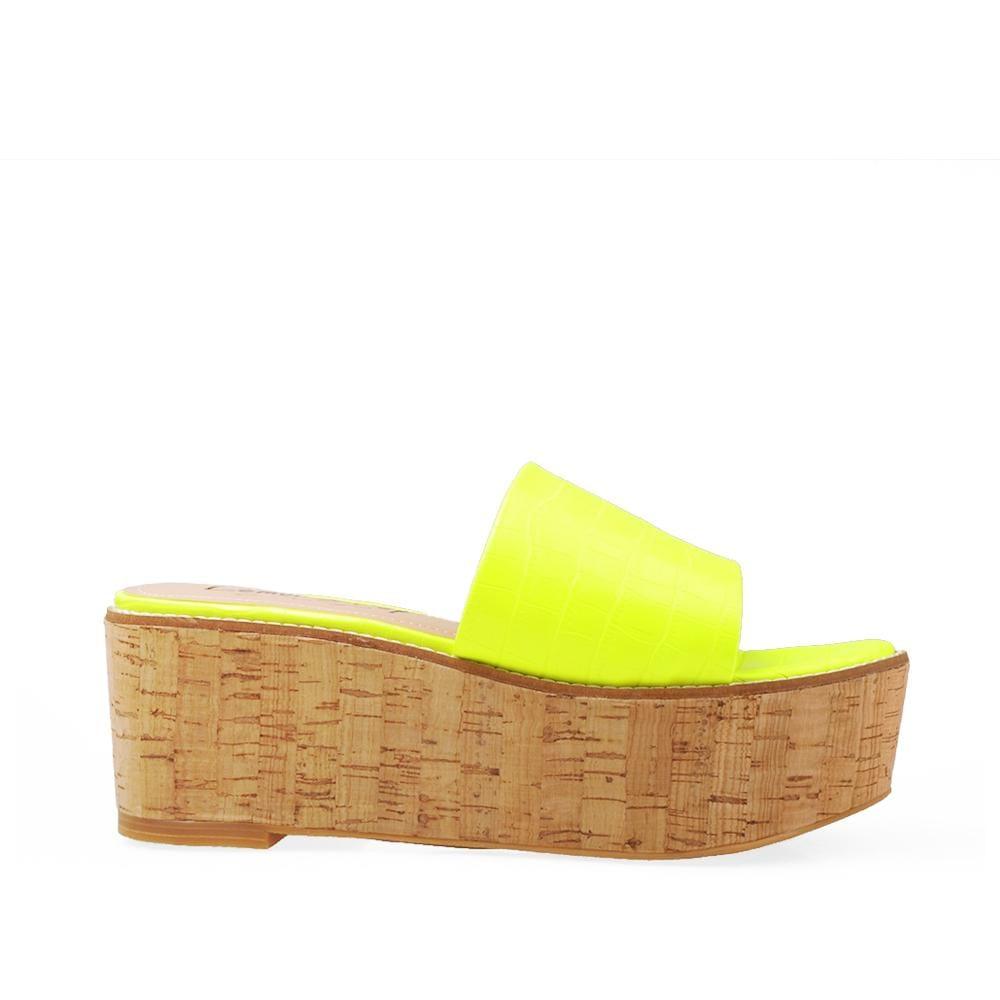 Neon yellow women platforms with brown bottom