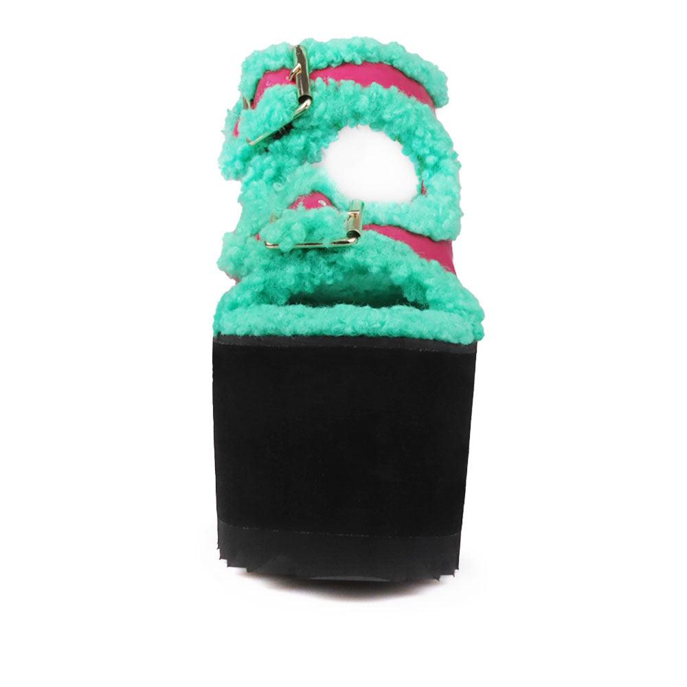 Black colored women platforms with green fur upper-front view