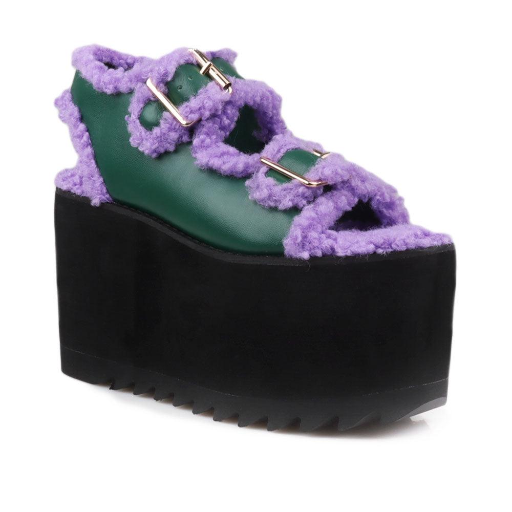 Black colored women platforms with purple fur upper-corner view