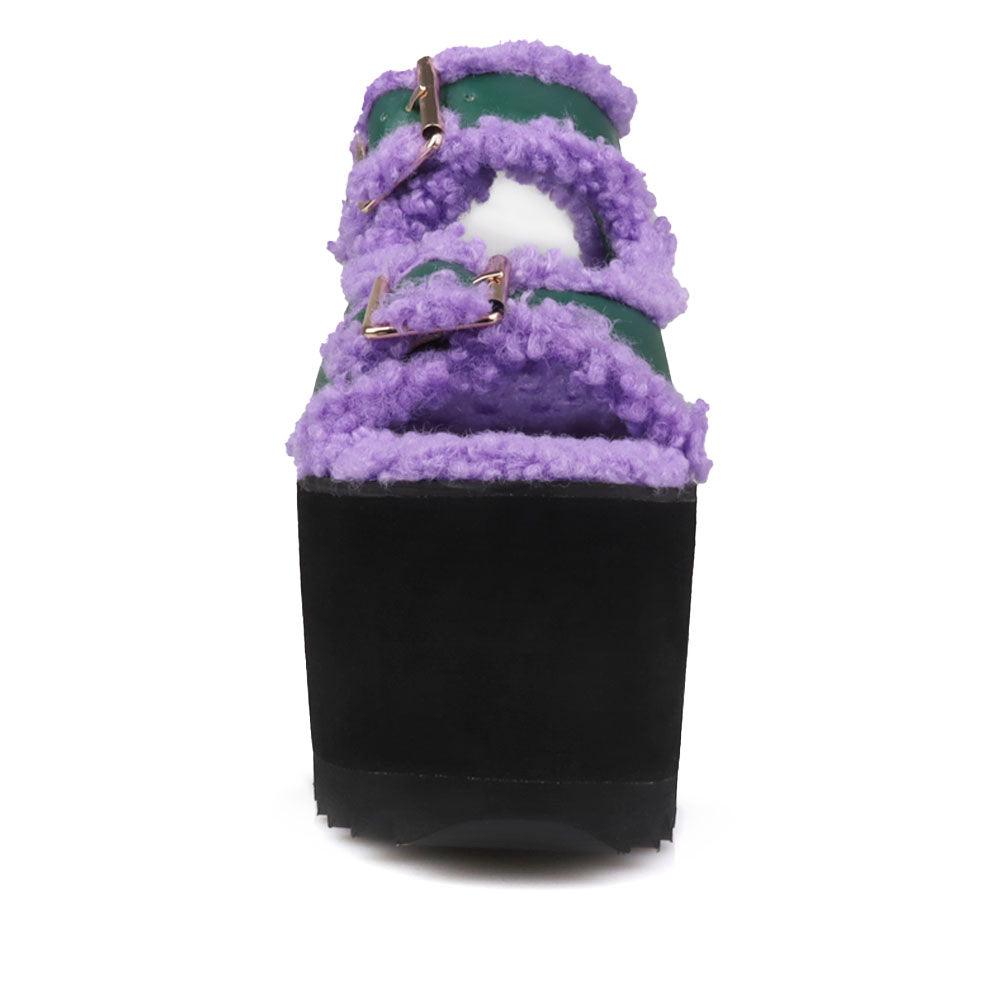 Black colored women platforms with purple fur upper-front view