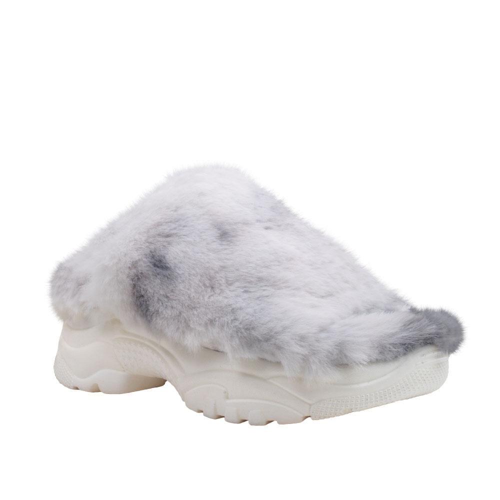 White women fur shoes with white platform-corner view