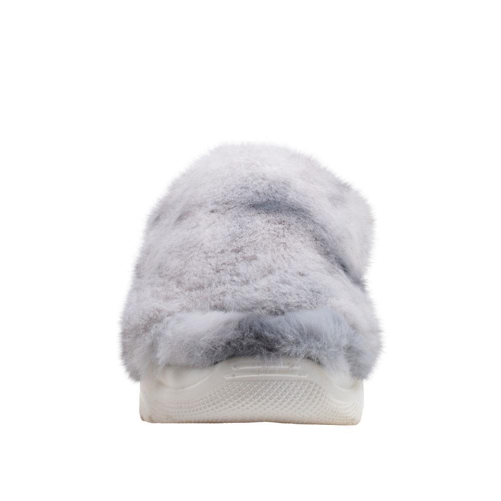 White women fur shoes with white platform-front view