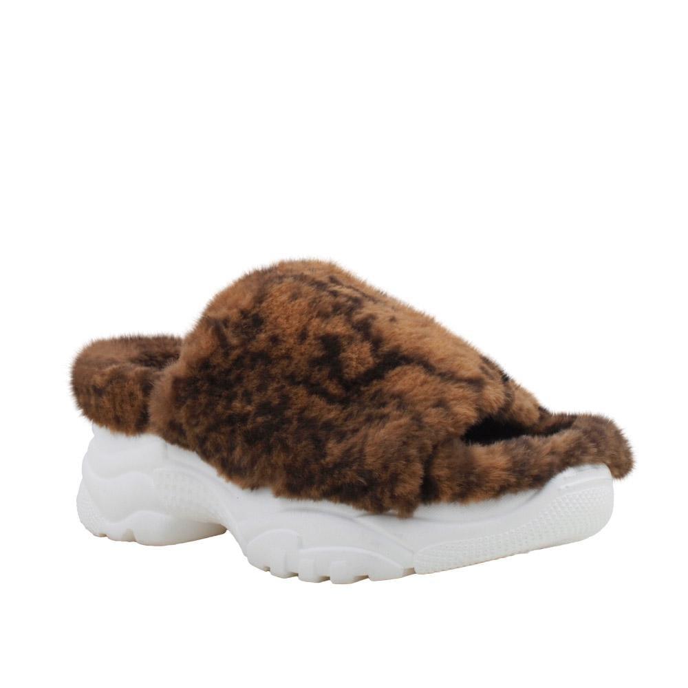 Brown women fur shoes with white platform-corner view