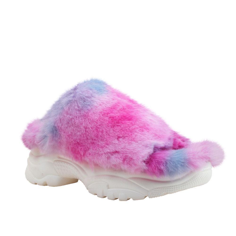 Multi-colored women fur shoes with white platform-corner view