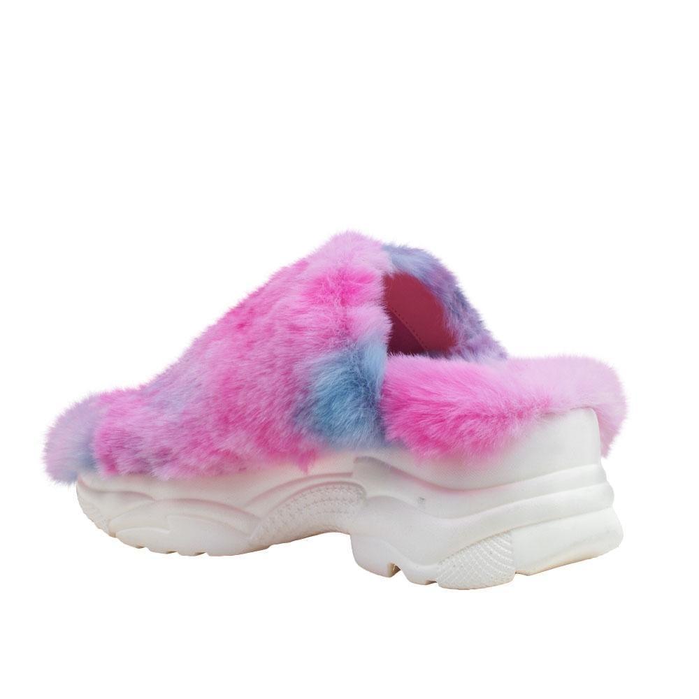 Multi-colored women fur shoes with white platform-posterior view