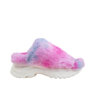 Multi-colored women fur shoes with white platform-side view