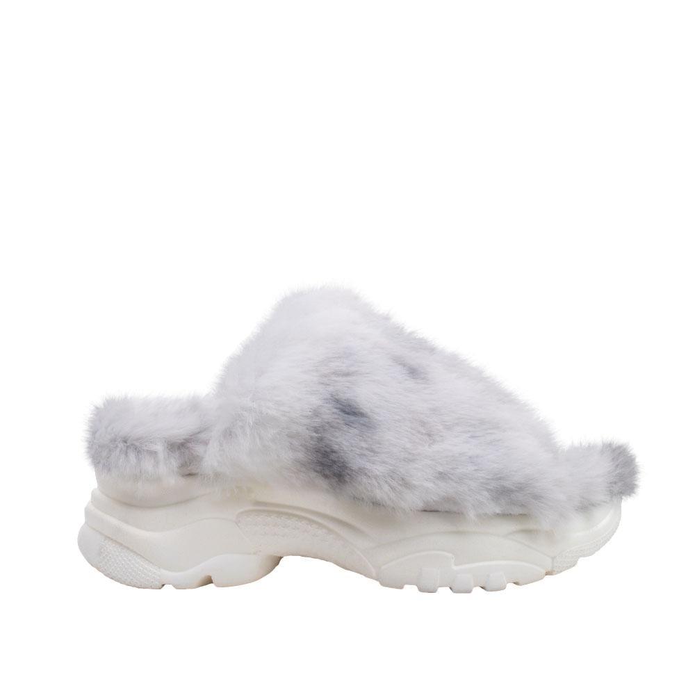 White women fur shoes with white platform-side view