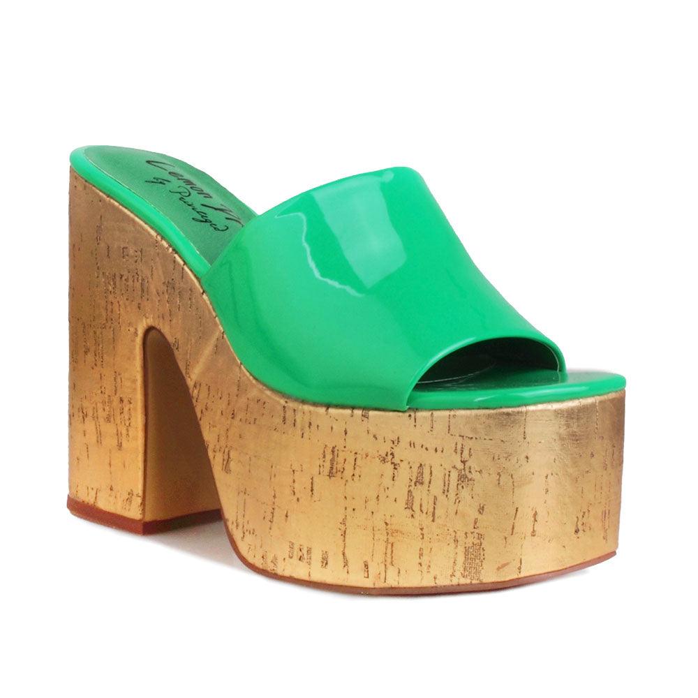 Green women platforms with golden bottom-corner view