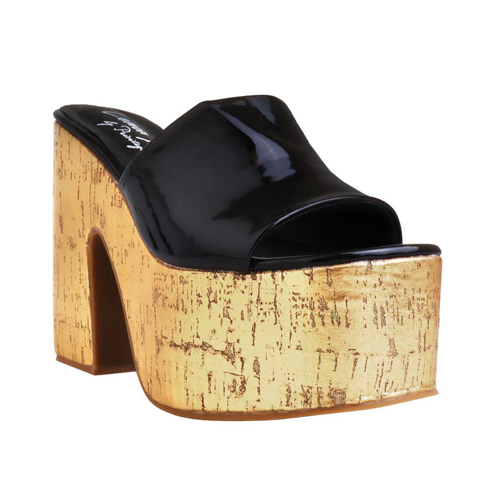 Black women platforms with golden bottom-corner view