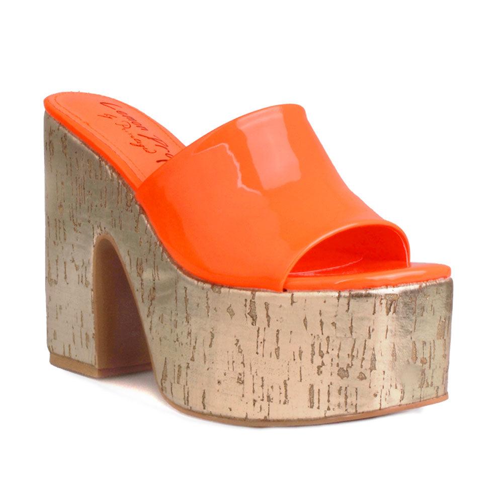 Orange women platforms with golden bottom-corner view