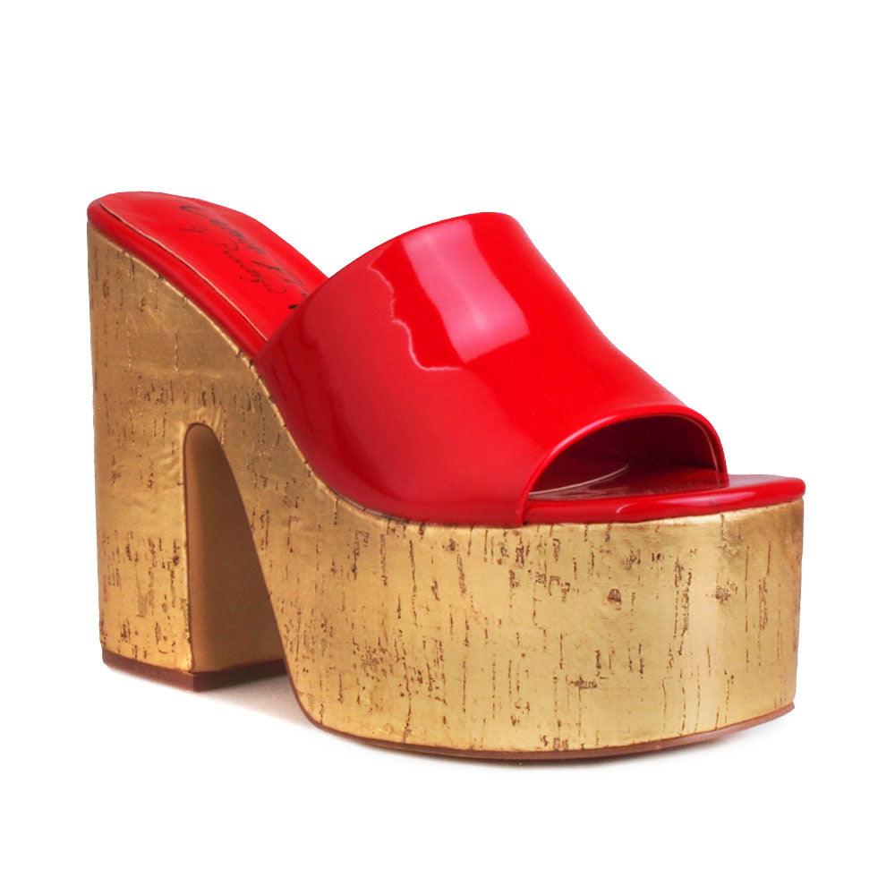 Red women platforms with golden bottom-corner view