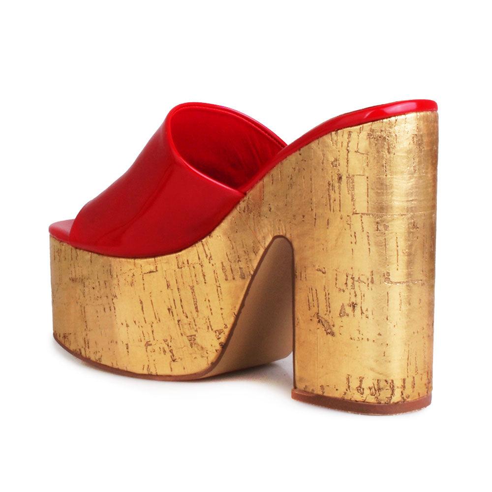 Red women platforms with golden bottom-posterior view