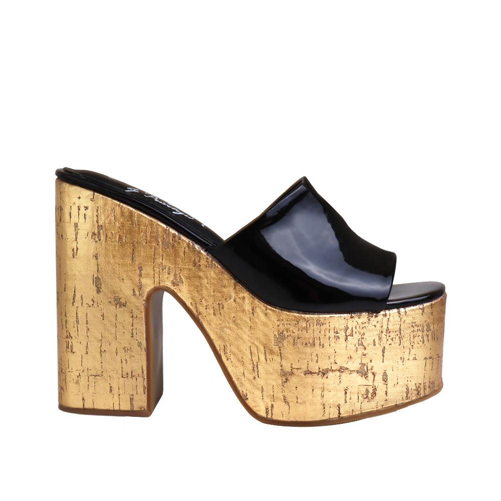 Black women platforms with golden bottom-side view