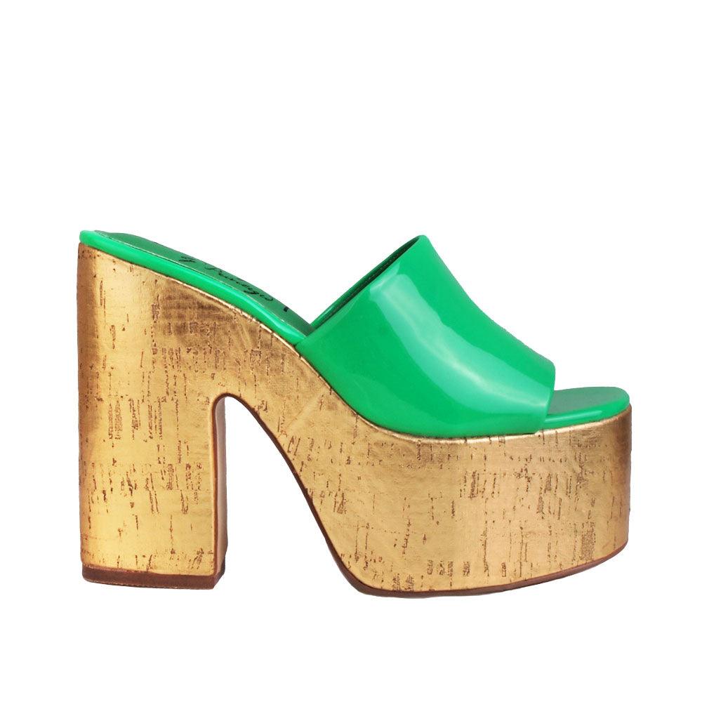 Green women platforms with golden bottom-side view