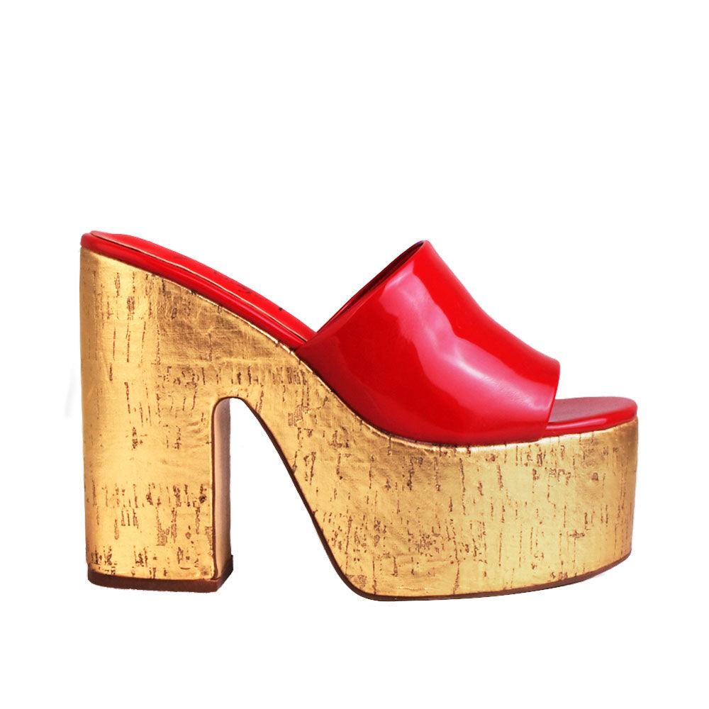 Red women platforms with golden bottom-side view