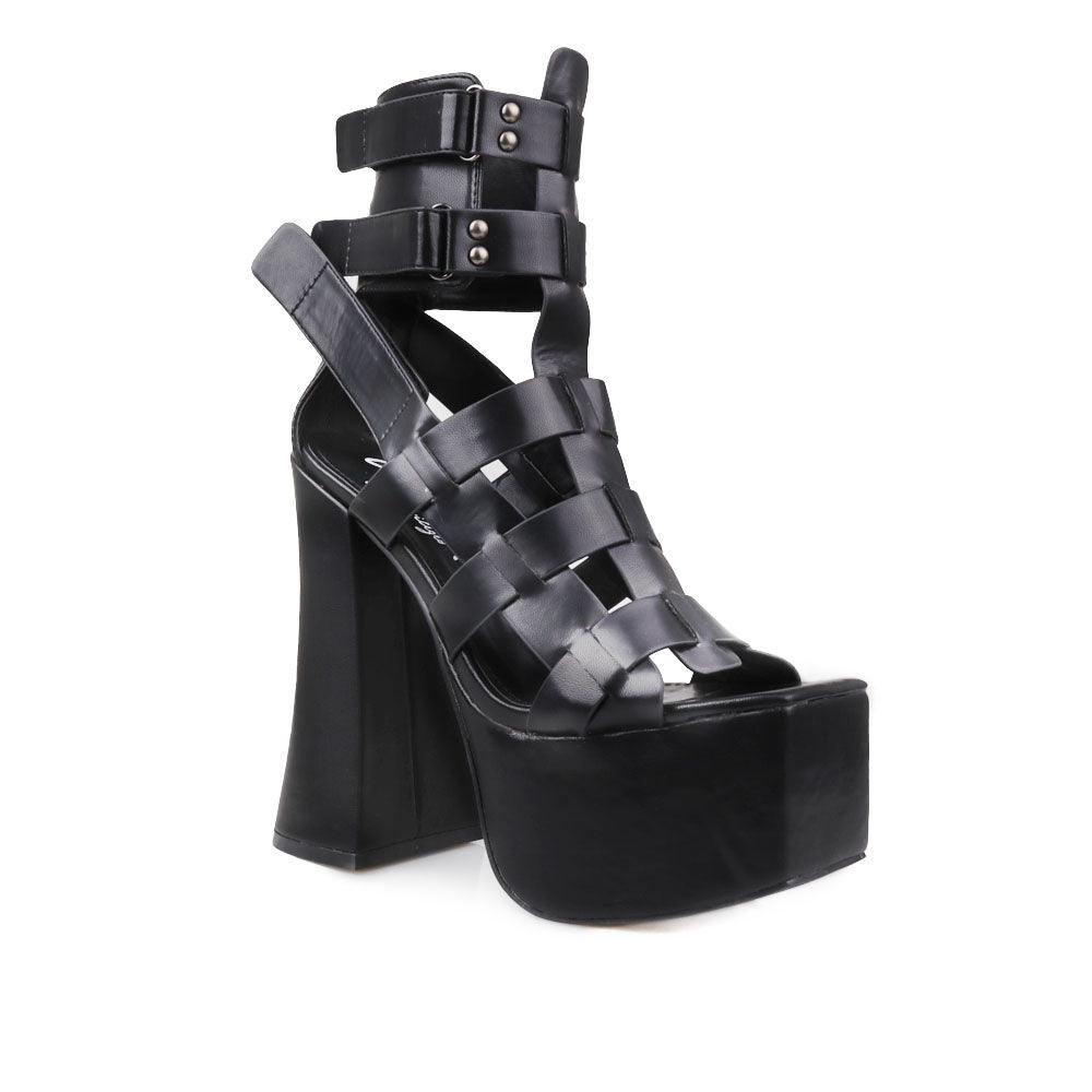 Black strappy women platform shoes-corner view