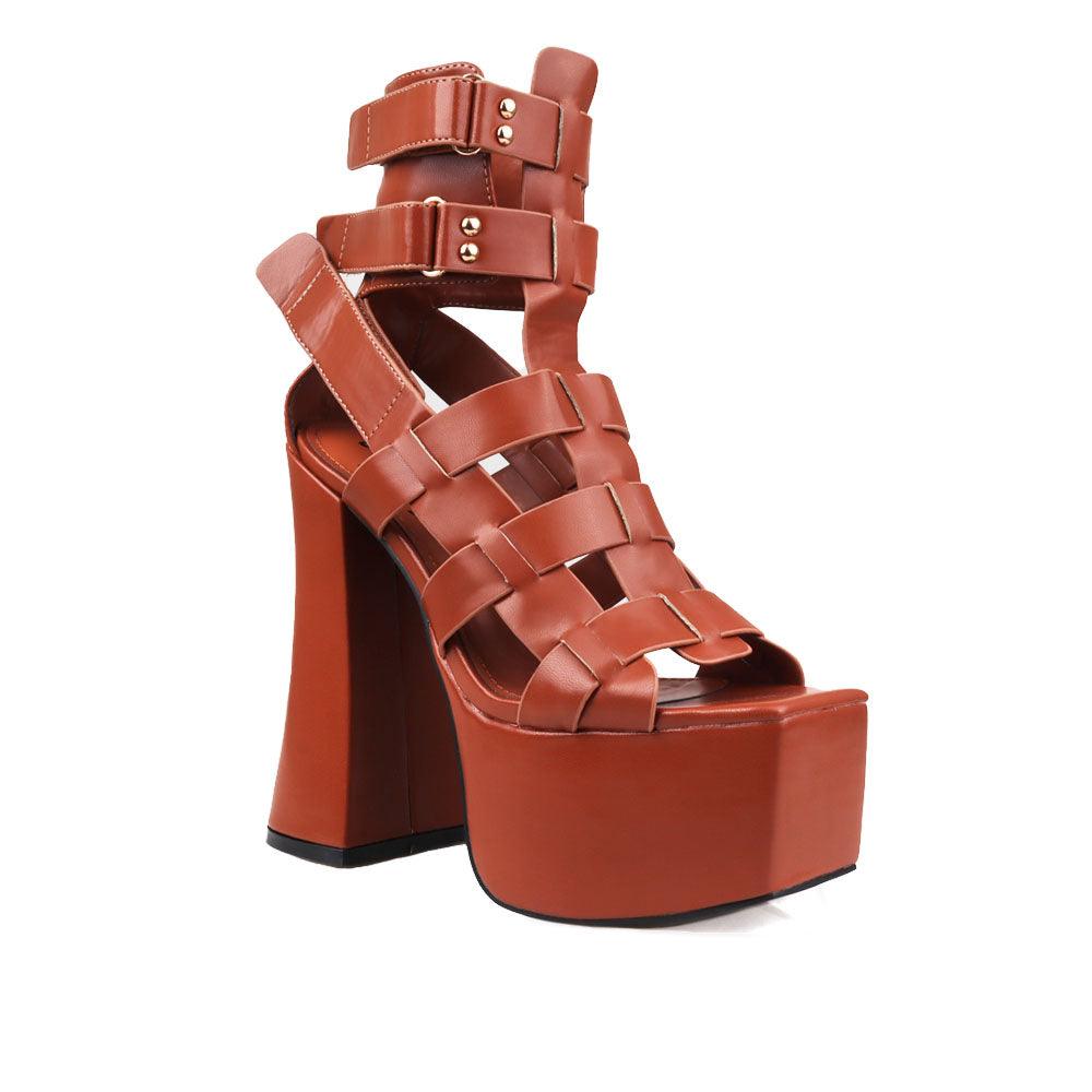 Brown strappy women platform shoes-corner view