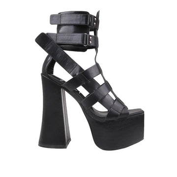 Black strappy women platform shoes-side view