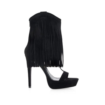Synthetic suede upper women's heel in black with fringe