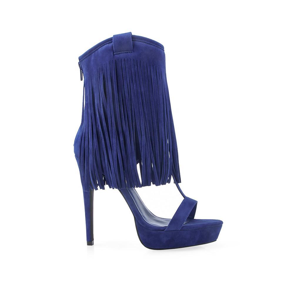 Synthetic suede upper women's heel in blue with fringe