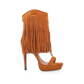 Synthetic suede upper women's heel in tan with fringe