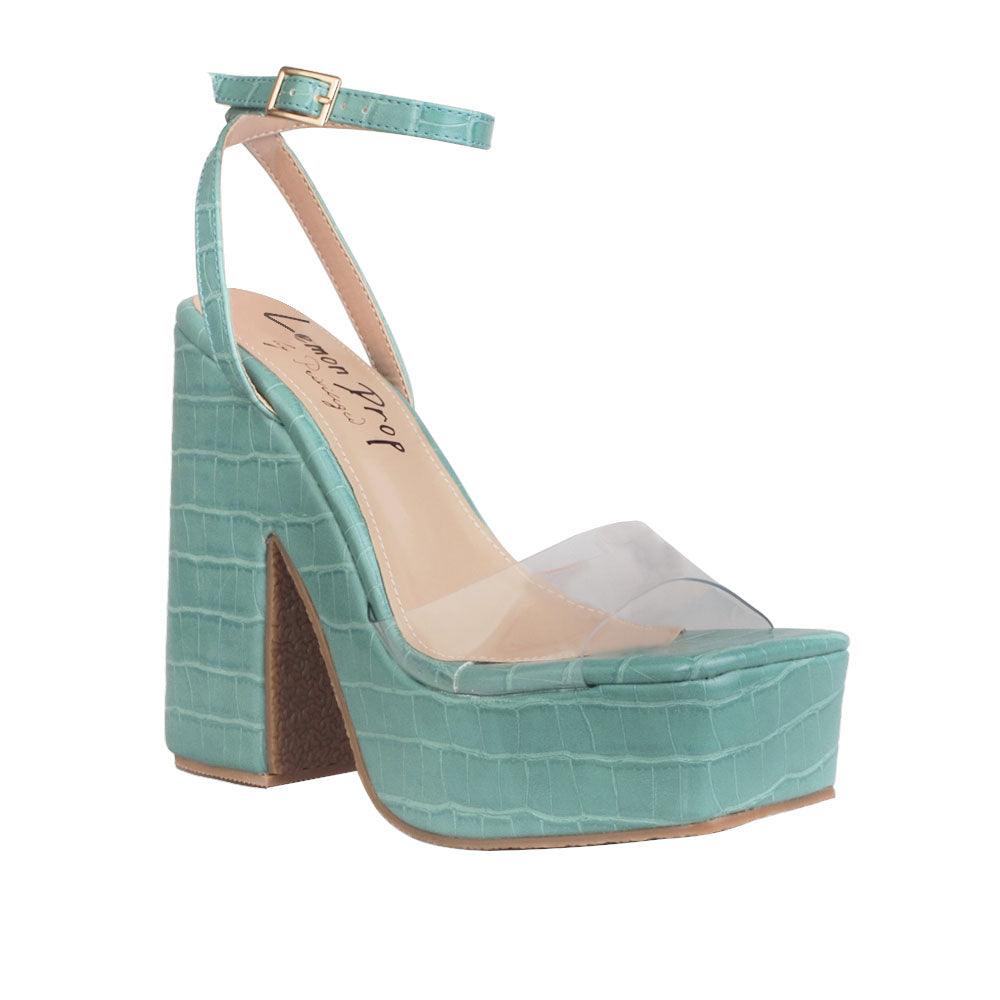 Clear venyl toe strap women's block heel in green-corner view