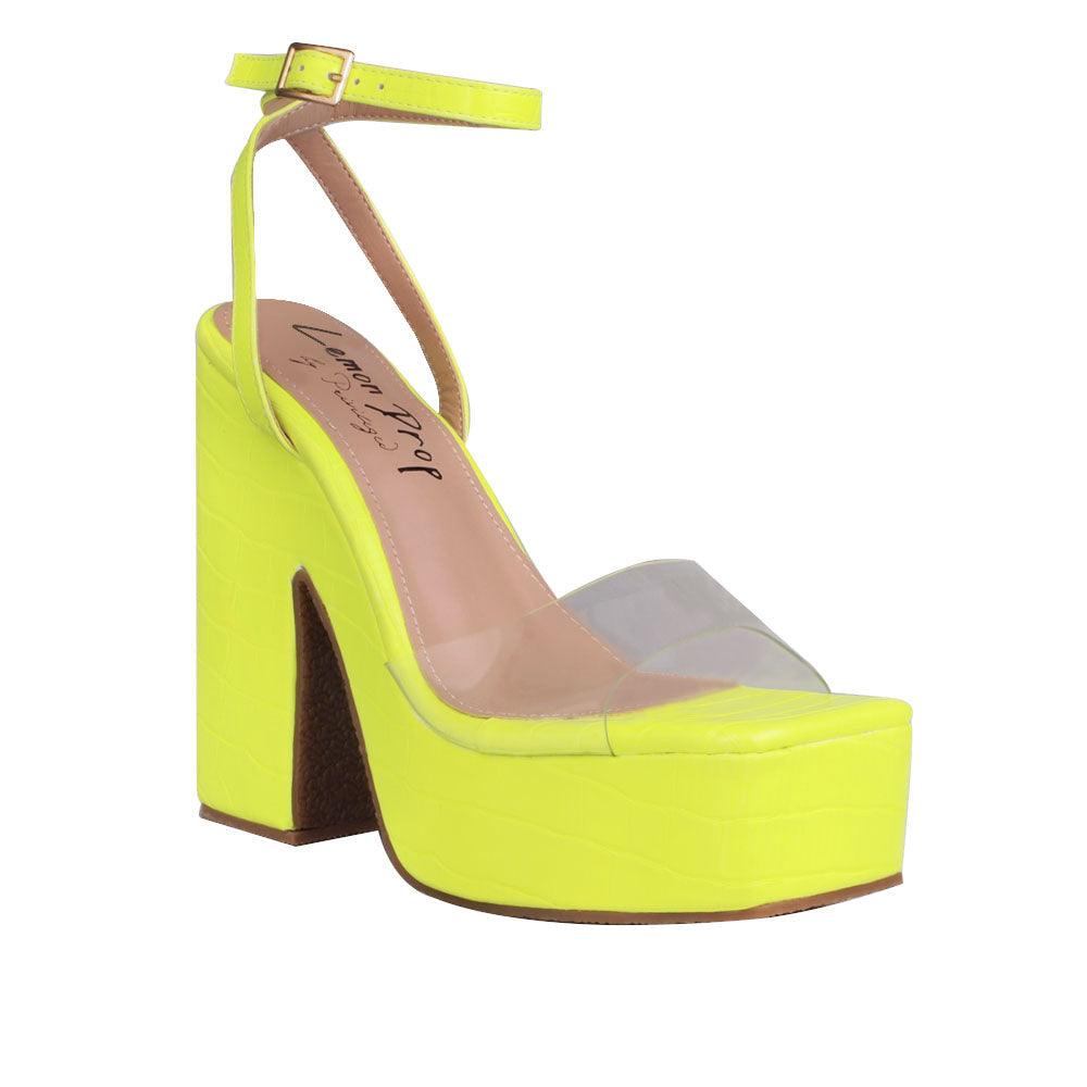 Clear venyl toe strap women's block heel in neon yellow-corner view