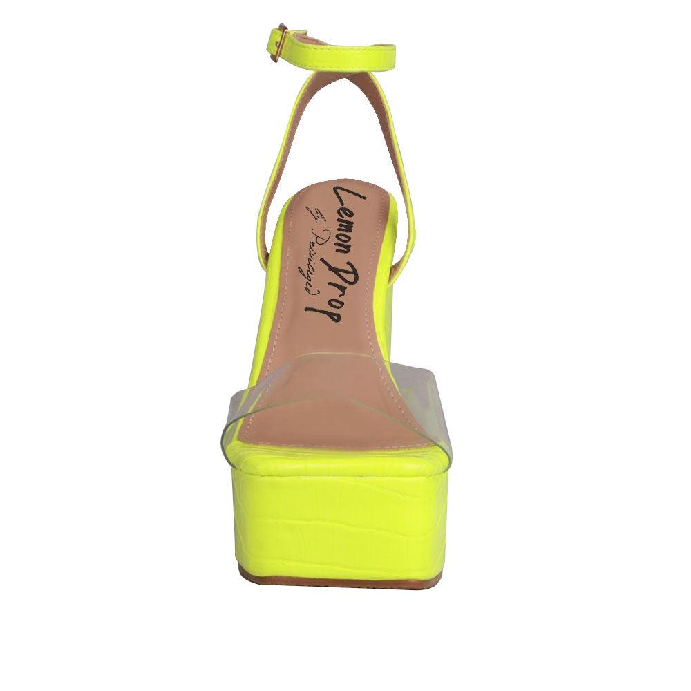 Clear venyl toe strap women's block heel in neon yellow-front view