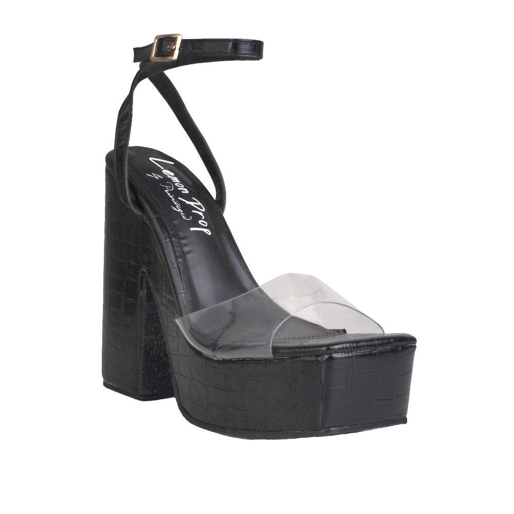 Clear venyl toe strap women's block heel in black-corner view