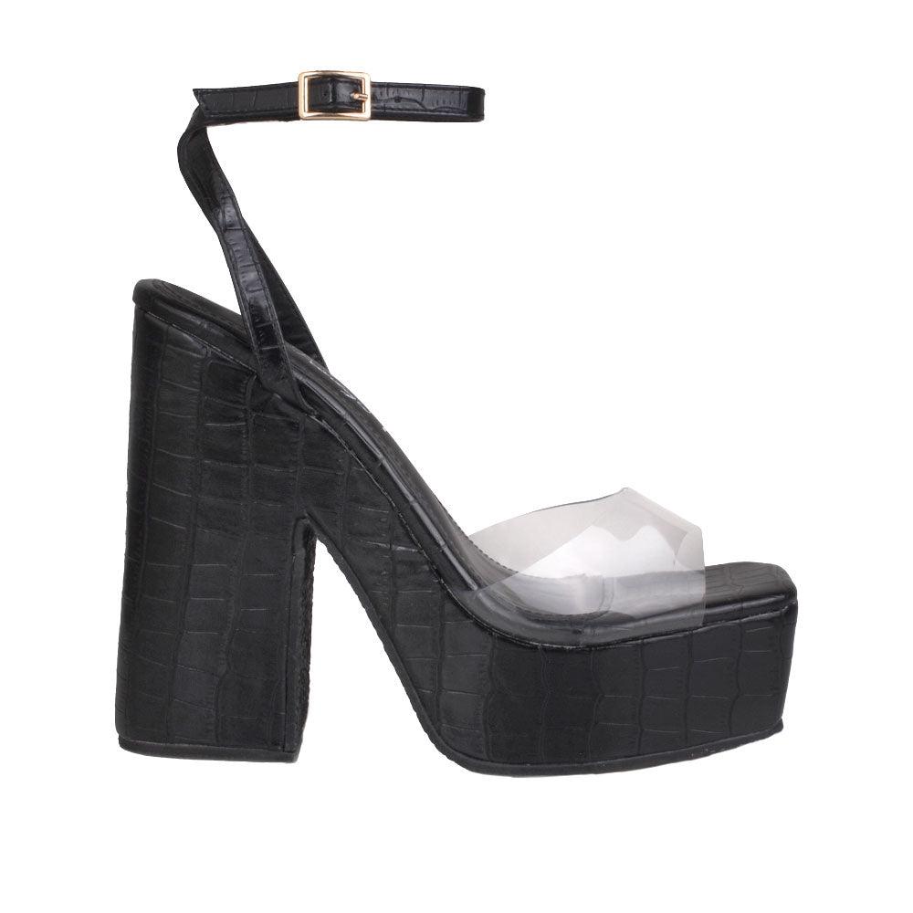 Clear venyl toe strap women's block heel in black-side view