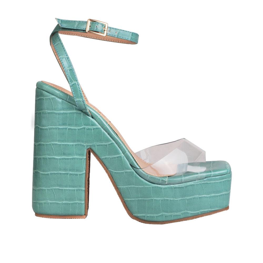 Clear venyl toe strap women's block heel in green-side view