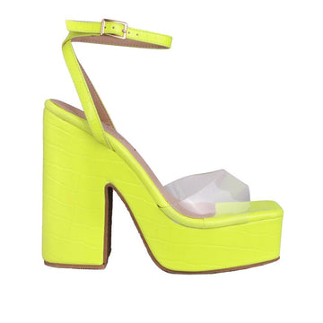 Clear venyl toe strap women's block heel in neon yellow-side view