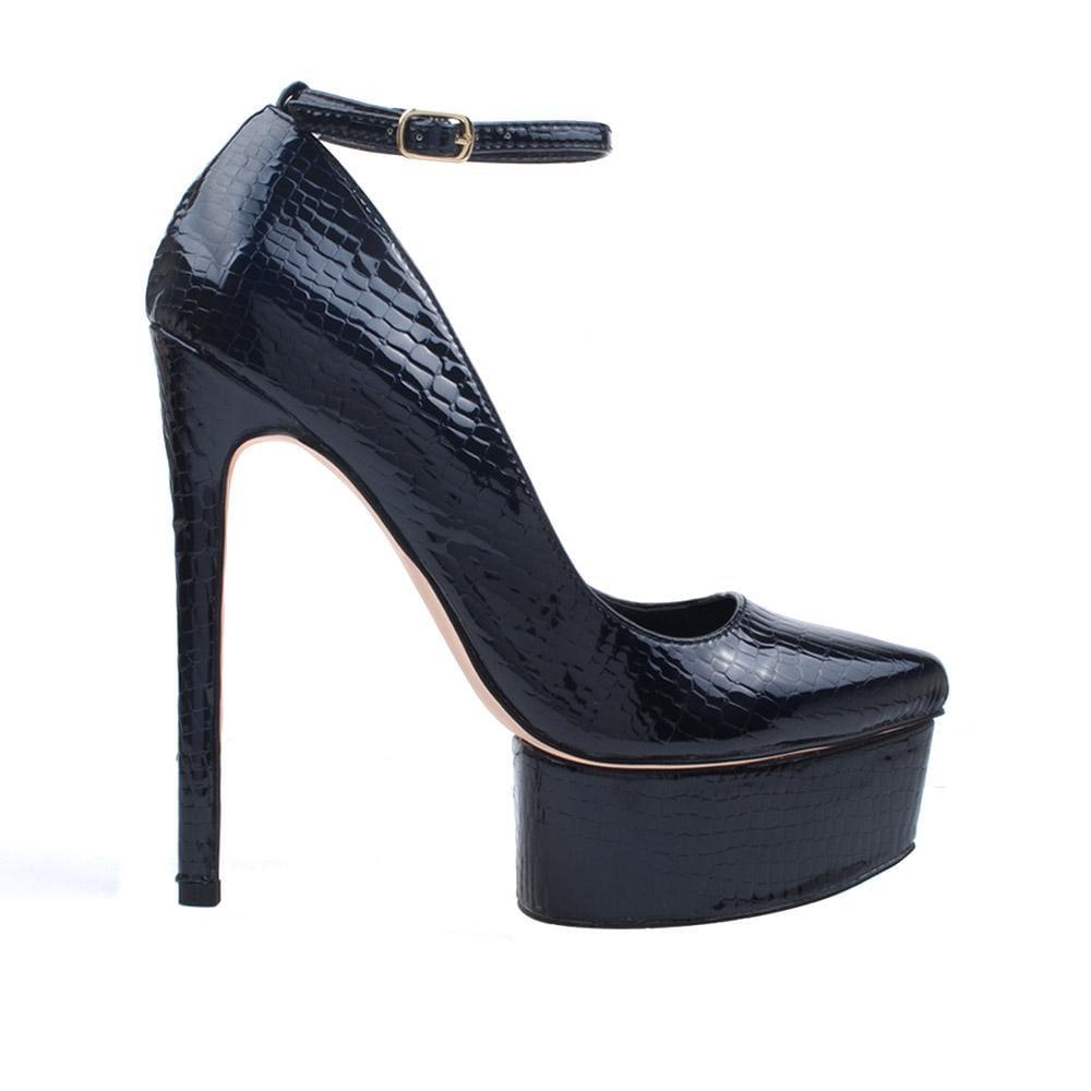 Snakeskin leather women's heel in black-side view